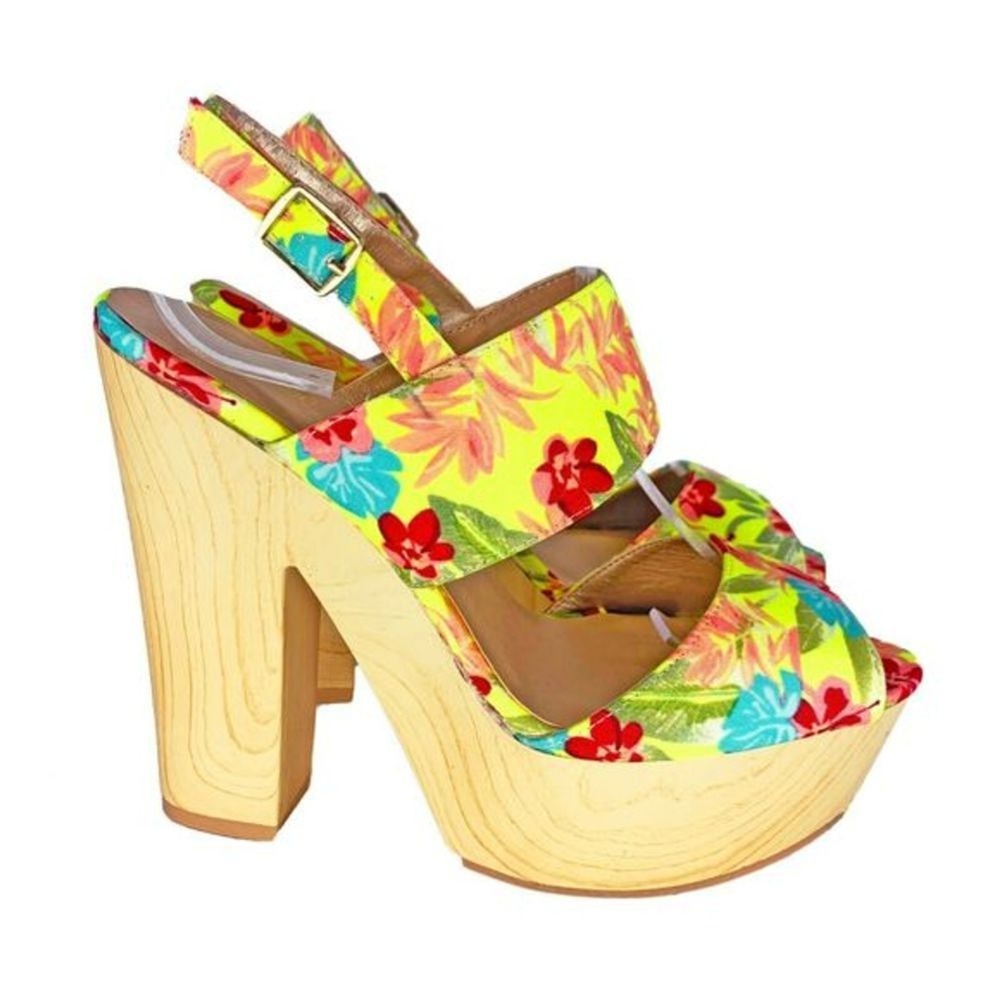 QUPID Open Toe Clog Heels Slingback Peep Toe Shoe Size 7.5 Yellow Floral Wood